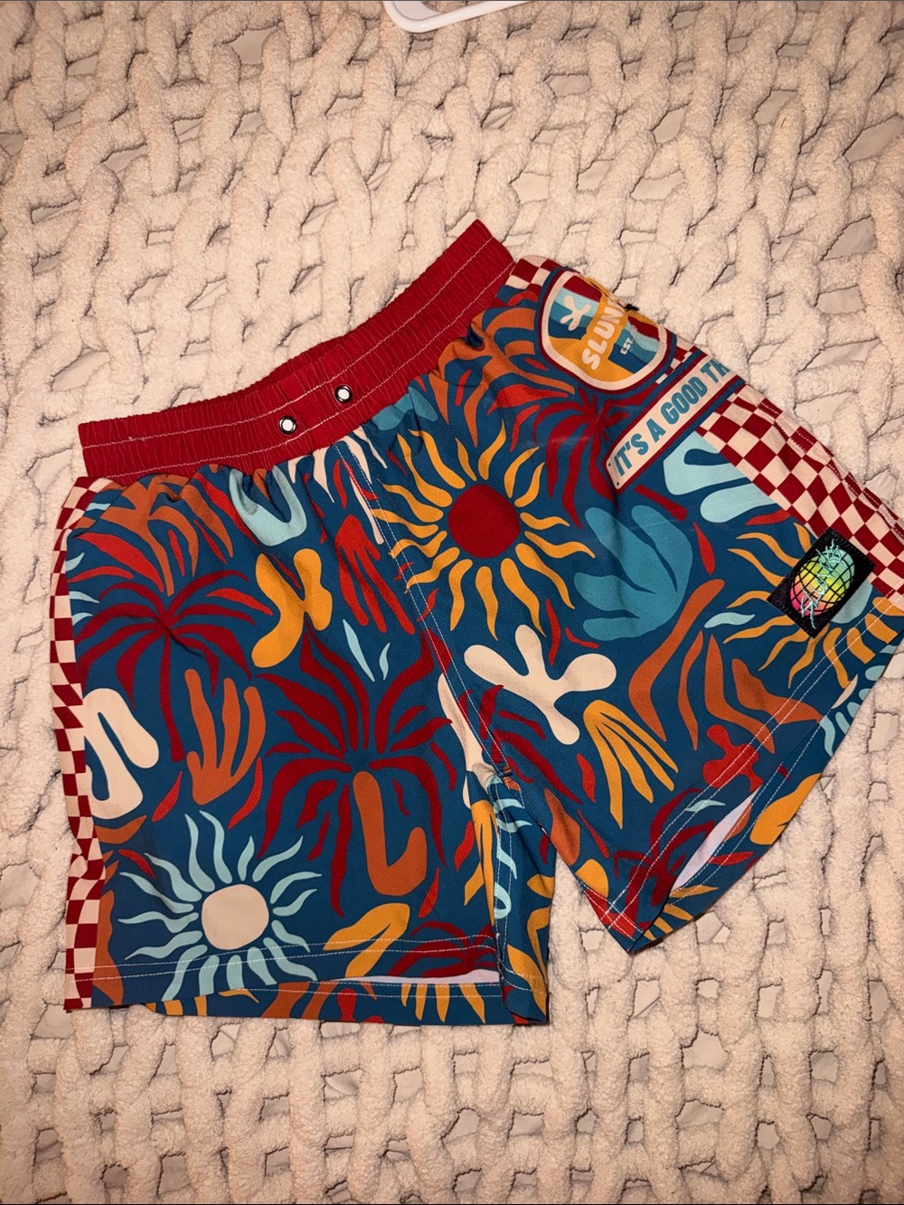 Patterned Athletic Swim Shorts with Red Waistband
